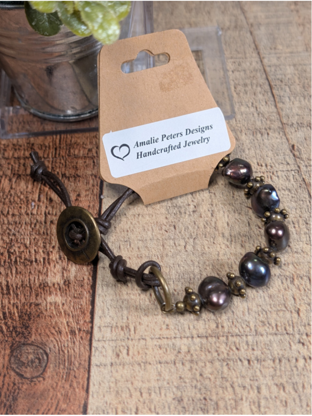 NEW Artisan Boho Peacock Rustic Pearl Brown Knotted Leather Cord Button Bracelet